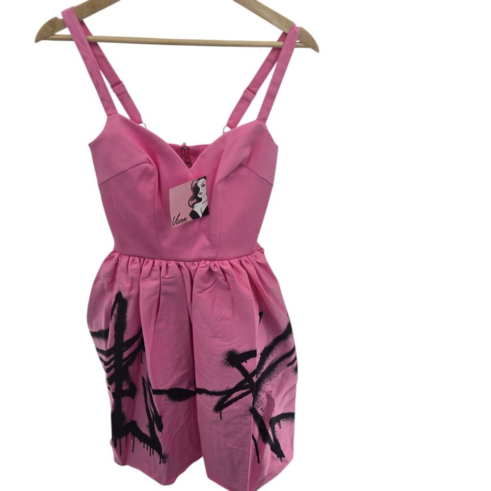 Vixen by Micheline Pitt Miss Kitty 9 Lives Pink Spray Paint Design Midi Dress XS